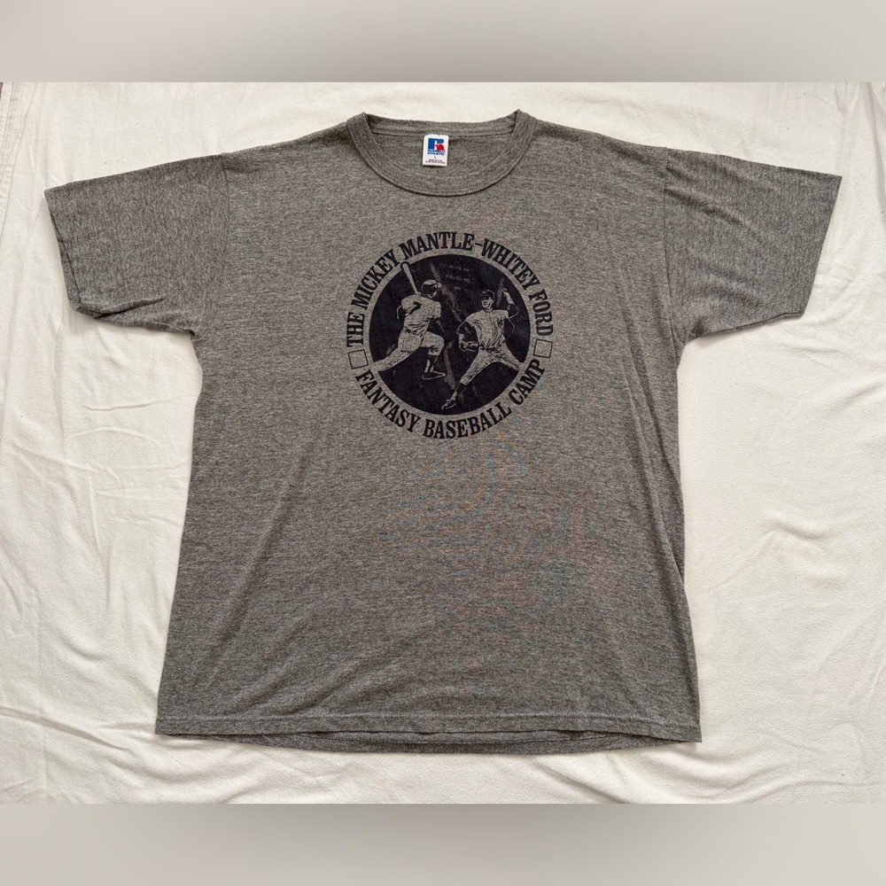 Vintage Mickey Mantle and Whitey Ford Fantasy Baseball Camp Gray T-Shirt.